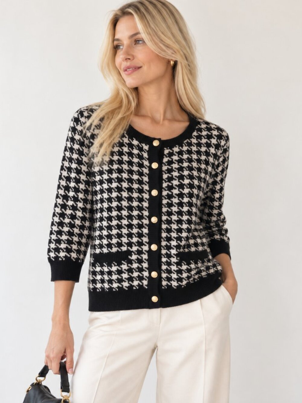 F&F Black White Houndstooth Knit Cardigan Gold Buttons 3/4 Sleeve Classic S